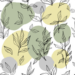 Seamless pattern with plants, branches and leaves on abstract spots of pastel colours