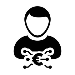Digital euro currency icon vector symbol with male user person profile avatar for digital currency in a glyph pictogram illustration