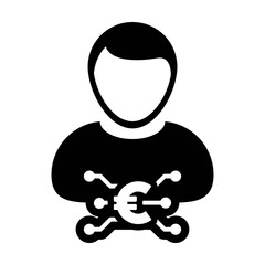 Digital euro icon vector currency symbol with male user person profile avatar for digital currency in a glyph pictogram illustration