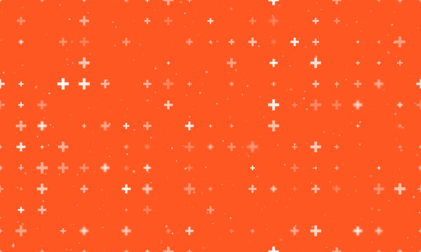 Seamless background pattern of evenly spaced white plus symbols of different sizes and opacity. Vector illustration on deep orange background with stars