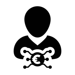 Investment icon vector digital euro currency with male user person profile avatar for digital wallet in a glyph pictogram illustration