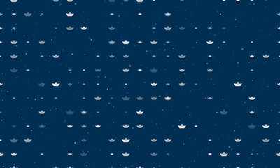 Seamless background pattern of evenly spaced white paper boat symbols of different sizes and opacity. Vector illustration on dark blue background with stars