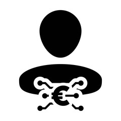 Euro icon vector digital money symbol with male user person profile avatar for wallet in a glyph pictogram illustration