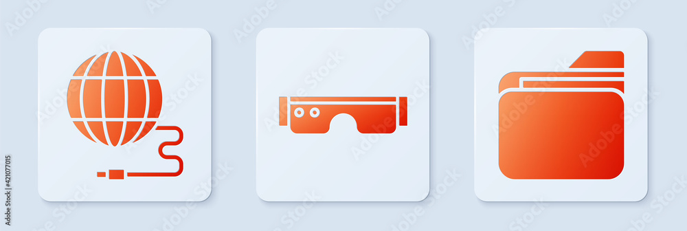 Aufkleber set smart glasses, social network and document folder. white square button. vector