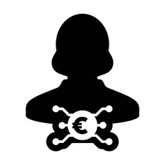 Digital euro icon vector currency symbol with female user person profile avatar for digital currency in a glyph pictogram illustration