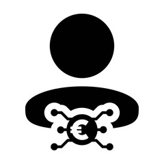 Digital currency icon vector euro money symbol with male user person profile avatar for digital currency in a glyph pictogram illustration