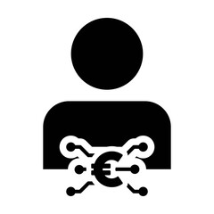 Digital euro currency icon vector symbol with male user person profile avatar for digital currency in a glyph pictogram illustration