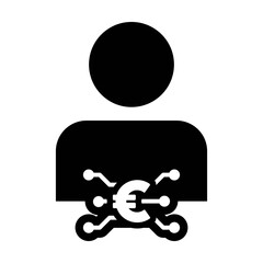 Digital euro currency icon vector symbol with male user person profile avatar for digital currency in a glyph pictogram illustration