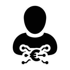 Digital money icon vector euro currency symbol with male user person profile avatar for digital currency in a glyph pictogram illustration
