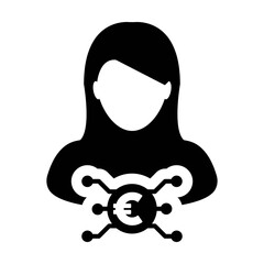 Money icon vector digital euro currency with male user person profile avatar for digital wallet in a glyph pictogram illustration