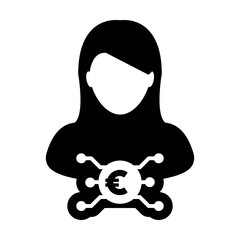 Money icon vector digital euro currency with male user person profile avatar for digital wallet in a glyph pictogram illustration