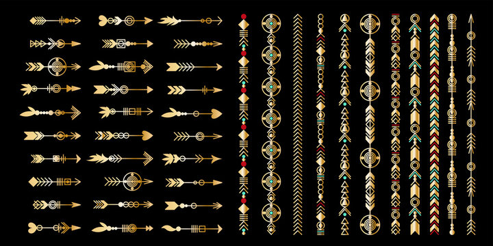 Set of gold arrow. Tribal elements collection. Geometric trendy hipster jewelry collection. Vector design elements.
