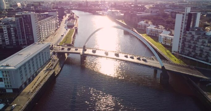 Glasgow drone aerial sunrise view over the river Clyde