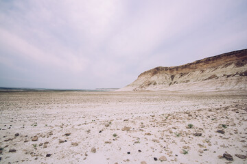 Sandy desert terrain with rocky cliffs
