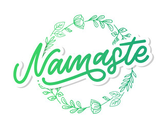 Hand drawn Namaste lettering. Indian greeting, Hello in Hindi. Stylish cursive handwriting, modern calligraphy. Isolated vector illustration.
