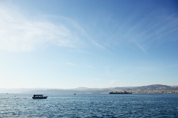 Jordan, Aqaba: Scenic landscape view of the bay with mountains and ships