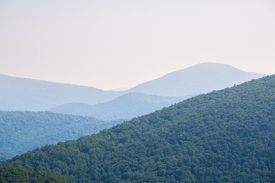 View of horizon in Appalachian Shenandoah Blue Ridge mountains on Skyline drive park overlook with rolling hills in forest