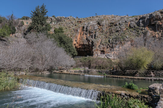 View of Nahal [stream] Hermon (Banias) at its origin, the easternmost of the northern tributaries of the Jordan River, Golan Heights, Israel. 