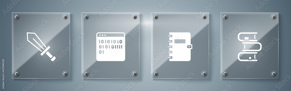 Aufkleber set book, spiral notebook, binary code and sword for game. square glass panels. vector