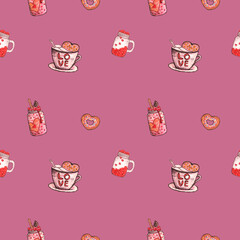Watercolor romantic seamless pattern. Hand painted pink and red holiday sweets, treats, dessert. Cocoa mug, candy, lollipop, love cookies.