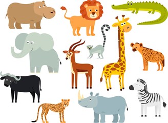 Set of cartoon African animals. A Giraffe, a lion, an elephant, a zebra, a hippo, a lemur, a buffalo, a cheetah, an antelope, a hyena.