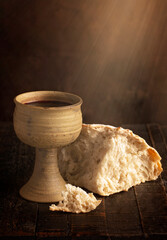 Sacrament of Holy Communion  on a Dark Wooden Table