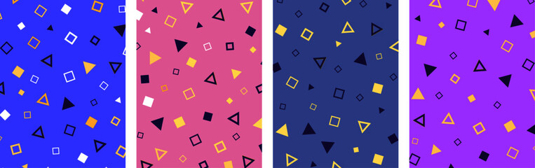 Abstract memphis design set. Geometric pattern vector background. Abstract purple, pink and blue wallpaper with icons. Set of banners geometric shape elements. Minimalist vector design