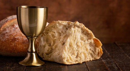 Sacrament of Holy Communion  on a Dark Wooden Table