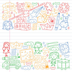 Vector pattern. School and online education. Little boys and girls play and grow together.