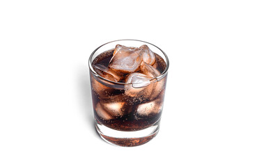 Cola with ice in a transparent glass isolated on a white background.