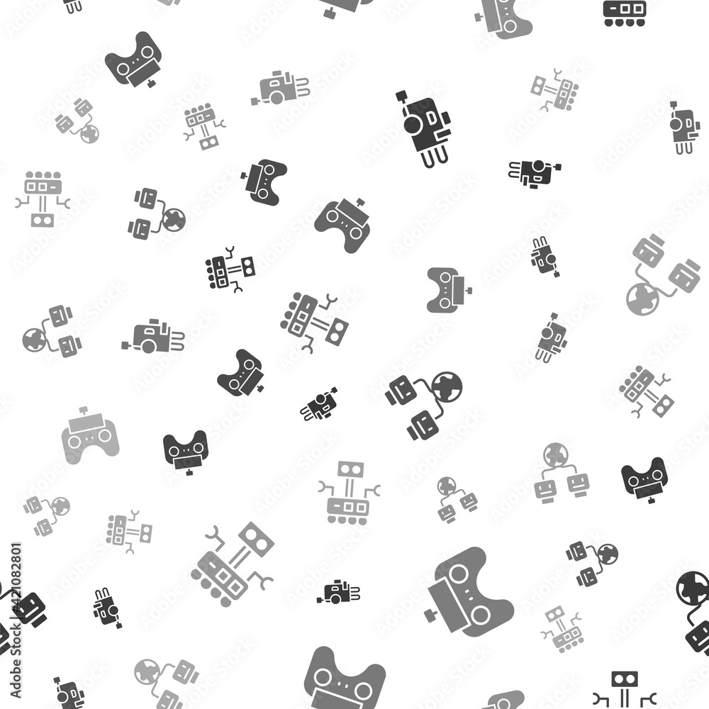 Poster set robot, remote control, artificial intelligence and on seamless pattern. vector