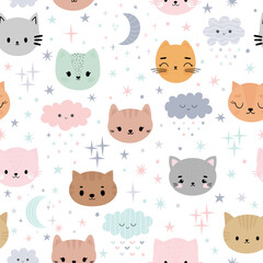 Cute seamless pattern for kids with cartoon little cats. Children background with moon, stars, kittens and clouds. Lovely animals