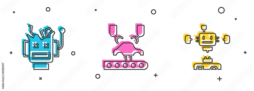 Poster set broken robot, robotic arm on factory and disassembled icon. vector