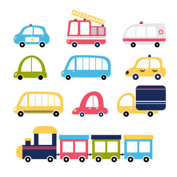 Cute set of cartoon transports for kids design. Collection of cars. Fire truck, ambulance, police, train, taxi, bus