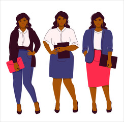 Set of three office look for a attractive african american plus size woman model. Jeans, blouse, pencil skirt, cardigan. Blue, white and pink colors. Vector illustration isolated on white background.