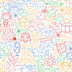 Vector pattern. School and online education. Little boys and girls play and grow together.