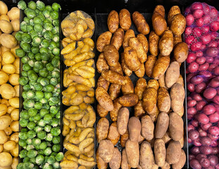 A grocery store display of fresh fruit and vegetables