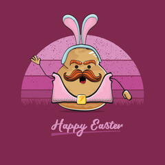 vector rock star easter potato funny cartoon character with blue bunny ears isolated on vintage background with sun. rock n roll easter party poster or happy easter greeting card