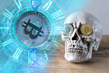 human skull on an old wooden table, metal bitcoins in the eye sockets, the concept of...