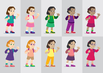 Various little student girls giving thumbs up