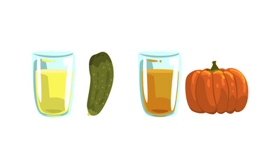 Glass of Fresh Squeezed Juice with Vegetable Ingredient Rested Nearby Vector Set