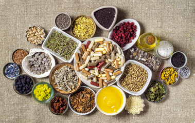 Herbal and mineral organic ingredients and dietary supplements in capsules