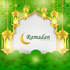 Ramadan Kareem greeting card design with arabic lantern and islamic ornament background. Vector illustration