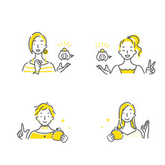 笑顔の若い女性のシンプルでおしゃれな線画イラスト素材セット　お金　財布　貯金箱