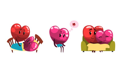 Cute Humanized Heart Character Embracing Sitting on Sofa and Thinking of Its Best Half Vector Set