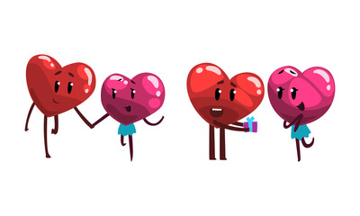 Cute Humanized Heart Character Holding Hands and Giving Gift Box Vector Set