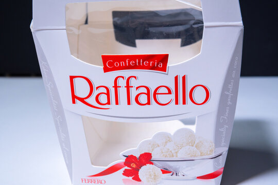 Tyumen, Russia-March 15, 2021: candy box Raffaello close-up of the copy space.