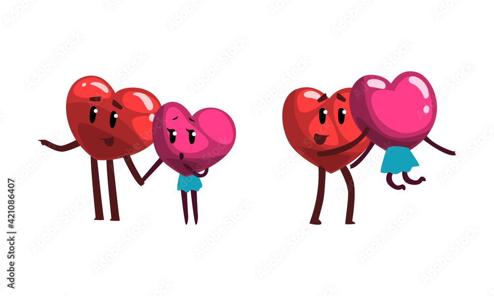 Poster Cute Humanized Heart Character Holding Hands and Hugging Vector Set