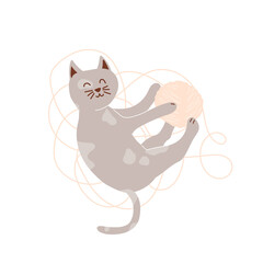 Childish grey cat with skein of thread. Vector cartoon illustration isolated on white background