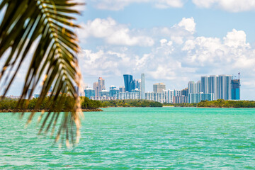 Bal Harbour, Miami Florida with green turquoise ocean Biscayne Bay Intracoastal water by cityscape...